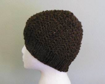 Dark Brown Tweed Hand Knit Wool Blend Beanie Hand Knit Chemo Cap Dark Brown Wool Blend Tweed With Hints of Red and Green