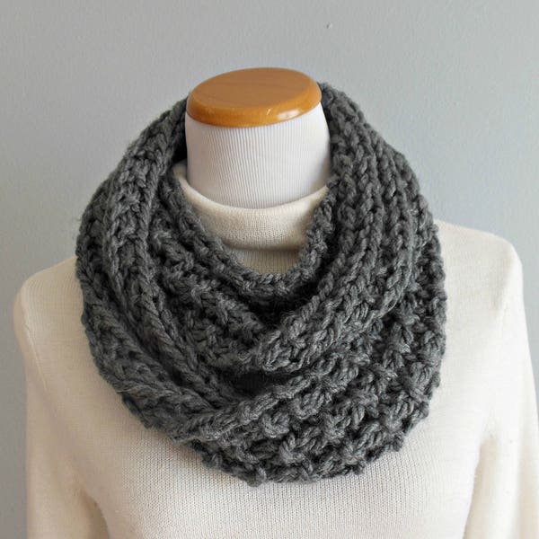 Dark Grey Hand Knit Infinity Scarf, Thick & Chunky, Neck Warmer, Cowl, Circle Loop Scarf