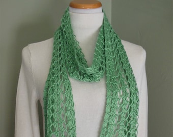 Spearmint Green Scarf Hand Knit Light Weight Lacy Open Weave Fashion Scarf