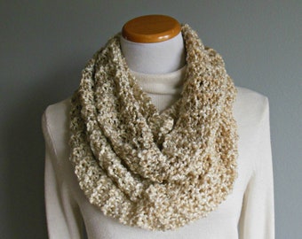 Pearl Cream Oatmeal Taupe Infinity Scarf Hand Knit Circle Loop Fashion Scarf