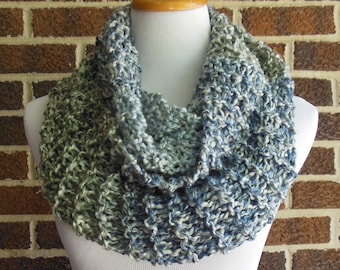 Hand Knit Fashion Infinity Scarf Circle Loop Scarf in Varying Shades of Grey, Ivory, Blue, and Putty