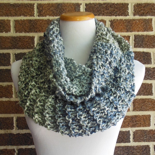 Hand Knit Fashion Infinity Scarf Circle Loop Scarf in Varying Shades of Grey, Ivory, Blue, and Putty