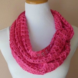 Hot Pink Bright Pink Infinity Scarf Lacy Open Weave Hand Knit Watermelon Pink Circle Loop Light Weight Fashion Scarf image 4