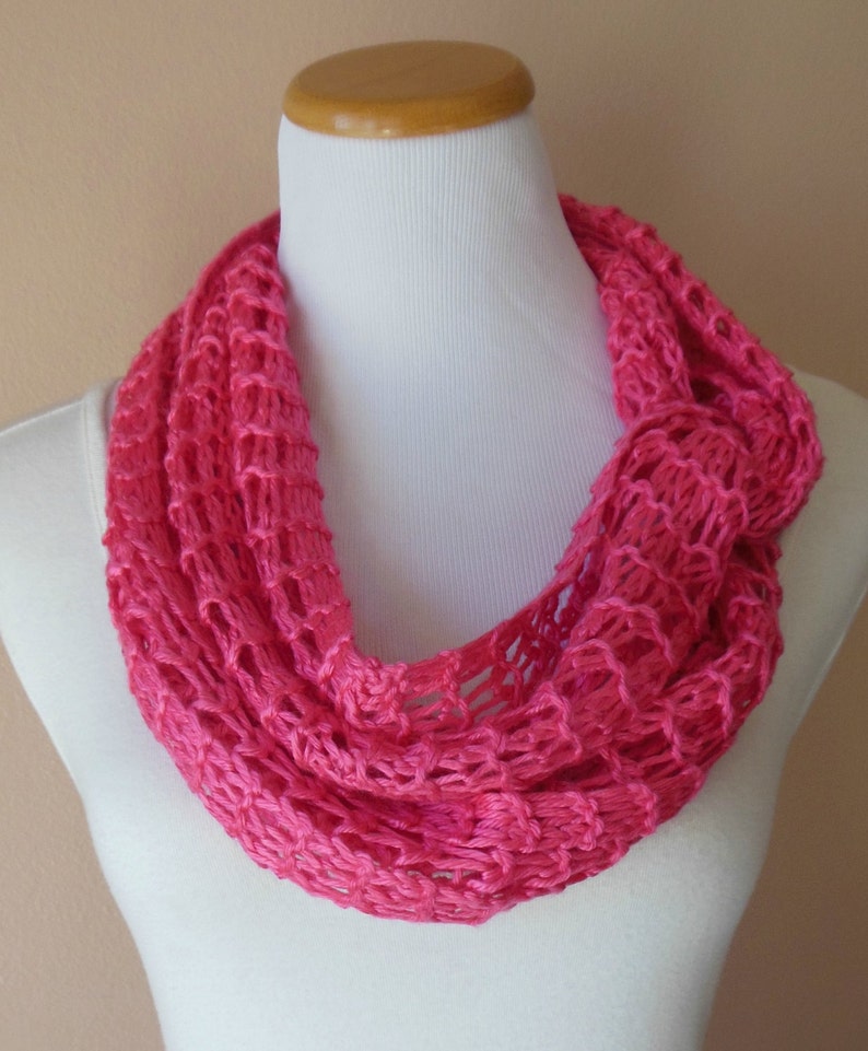 Hot Pink Bright Pink Infinity Scarf Lacy Open Weave Hand Knit Watermelon Pink Circle Loop Light Weight Fashion Scarf image 4