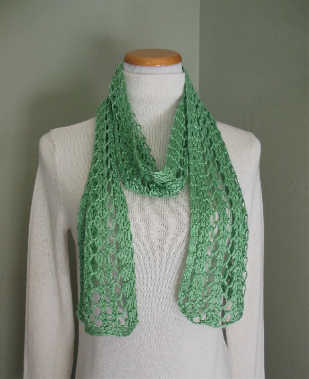 Spearmint Green Scarf Hand Knit Light Weight Lacy Open Weave Fashion ...