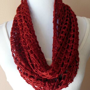 Deep Red Infinity Scarf Hand Knit Lacy Open Weave Light Weight Fashion Scarf image 2