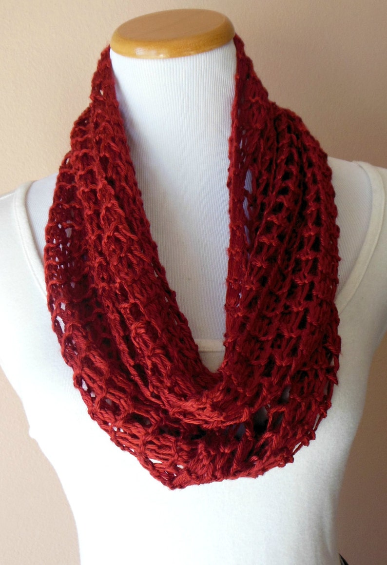 Deep Red Infinity Scarf Hand Knit Lacy Open Weave Light Weight Fashion Scarf image 2