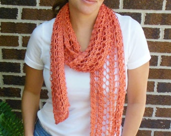 Orange Rust Persimmon Scarf Hand Knit Light Weight Lacy Open Weave Fashion Scarf