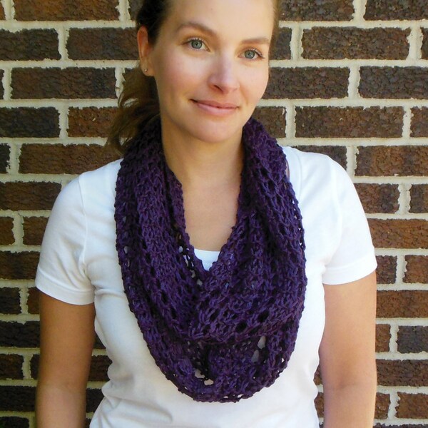 Dark Plum Infinity Scarf Hand Knit Light Weight Lacy Open Weave Fashion Scarf