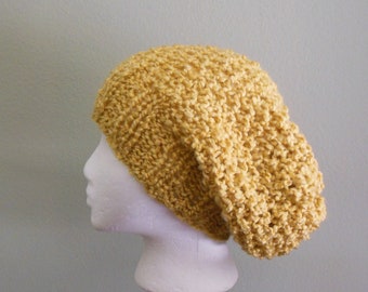 Hand Knit Mustard Gold Goldenrod Slouchy Hat Hand Knit Mustard Gold Goldenrod Beret with Lion Brand Homespun Yarn in Goldenrod