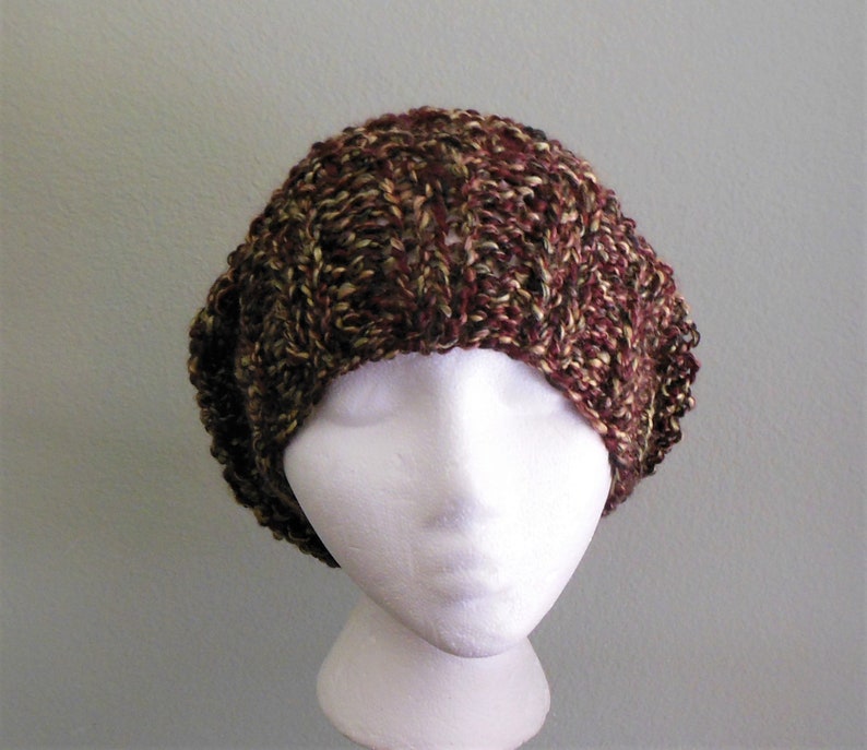 Hand Knit Multicolored Slouchy Hat Hand Knit Multicolored Beret With Lion Brand Homespun Yarn in Bark Black Burgundy Wine and Gold image 3