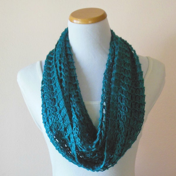 Teal Infinity Scarf Hand Knit Light Weight Lacy Open Weave Fashion Circle Loop Scarf
