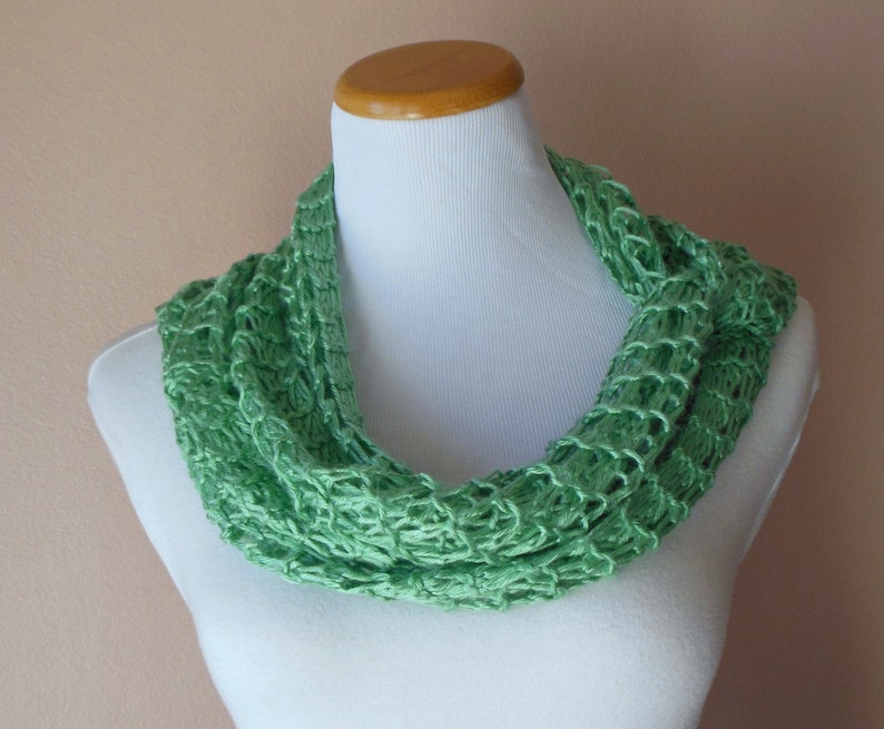 Spearmint Green Infinity Scarf Hand Knit Lacy Open Weave Light Weight Circle Loop Fashion Scarf image 4