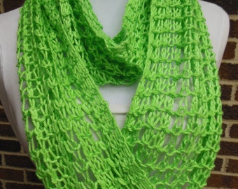 Lime Green Infinity Scarf Hand Knit Light Weight Lacy Open Weave Fashion Circle Loop Scarf