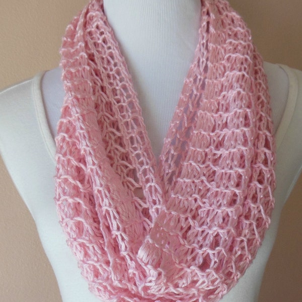 Pink Infinity Scarf Hand Knit Light Weight Lacy Open Weave Circle Loop Fashion Scarf in Pastel Pink
