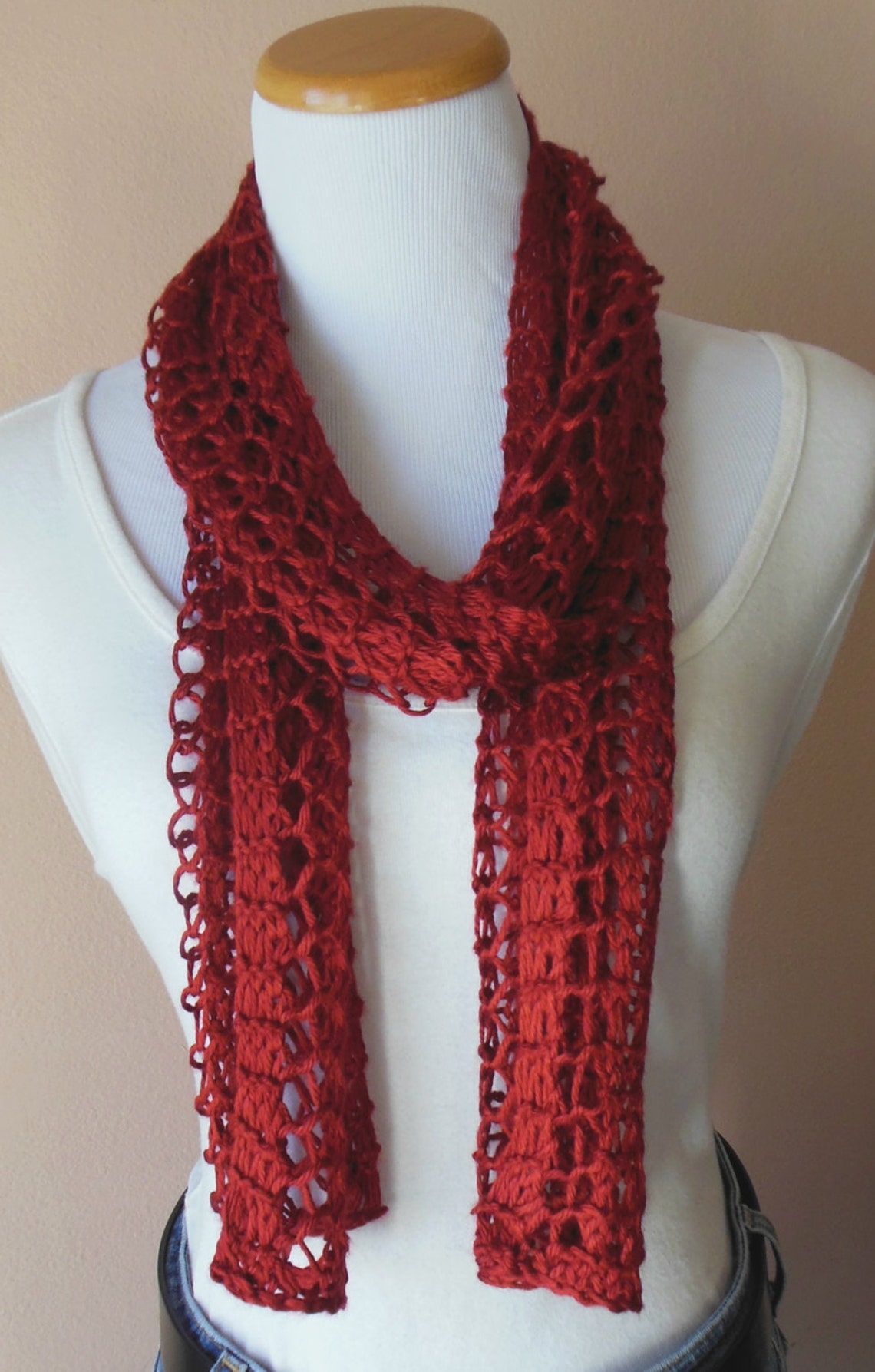 Deep Red Scarf Hand Knit Light Weight Lacy Open Weave Fashion Etsy