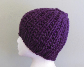 Thick & Chunky Hand Knit Messy Bun Hat Pony Tail Hat Dark Purple or Teal Electric Blue