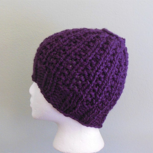 Thick & Chunky Hand Knit Messy Bun Hat Pony Tail Hat Dark Purple or Teal Electric Blue