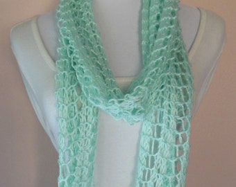 Mint Green Scarf Hand Knit Light Weight Lacy Open Weave Fashion Scarf