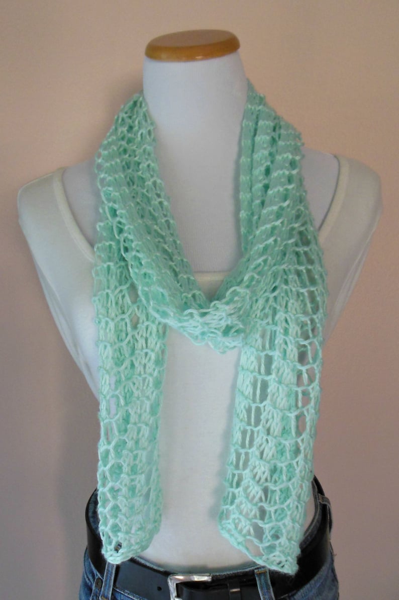 Mint Green Scarf Hand Knit Light Weight Lacy Open Weave Etsy