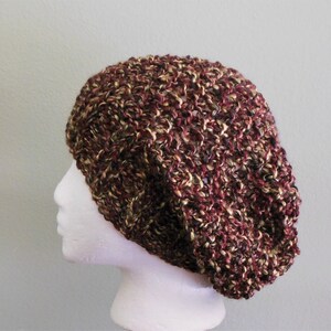 Hand Knit Multicolored Slouchy Hat Hand Knit Multicolored Beret With Lion Brand Homespun Yarn in Bark Black Burgundy Wine and Gold image 2