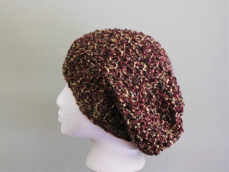 Hand Knit Multicolored Slouchy Hat Hand Knit Multicolored Beret With Lion Brand Homespun Yarn in Bark Black Burgundy Wine and Gold image 2