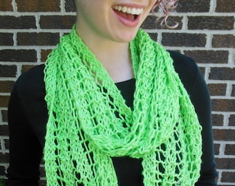 Lime Green Scarf Hand Knit Lacy Open Weave Light Weight Fashion Scarf