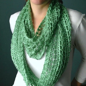 Spearmint Green Infinity Scarf Hand Knit Lacy Open Weave Light Weight Circle Loop Fashion Scarf image 1