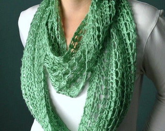 Spearmint Green Infinity Scarf Hand Knit Lacy Open Weave Light Weight Circle Loop Fashion Scarf