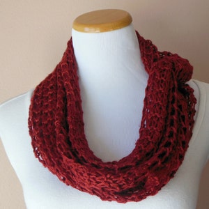 Deep Red Infinity Scarf Hand Knit Lacy Open Weave Light Weight Fashion Scarf image 4