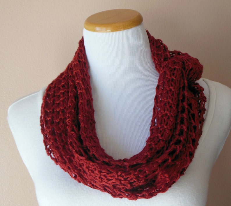 Deep Red Infinity Scarf Hand Knit Lacy Open Weave Light Weight Fashion Scarf image 4