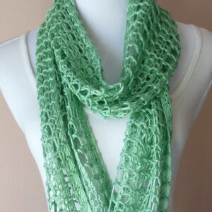 Spearmint Green Infinity Scarf Hand Knit Lacy Open Weave Light Weight Circle Loop Fashion Scarf image 3