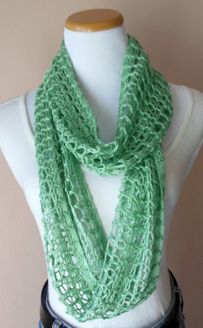 Spearmint Green Infinity Scarf Hand Knit Lacy Open Weave Light Weight Circle Loop Fashion Scarf image 3