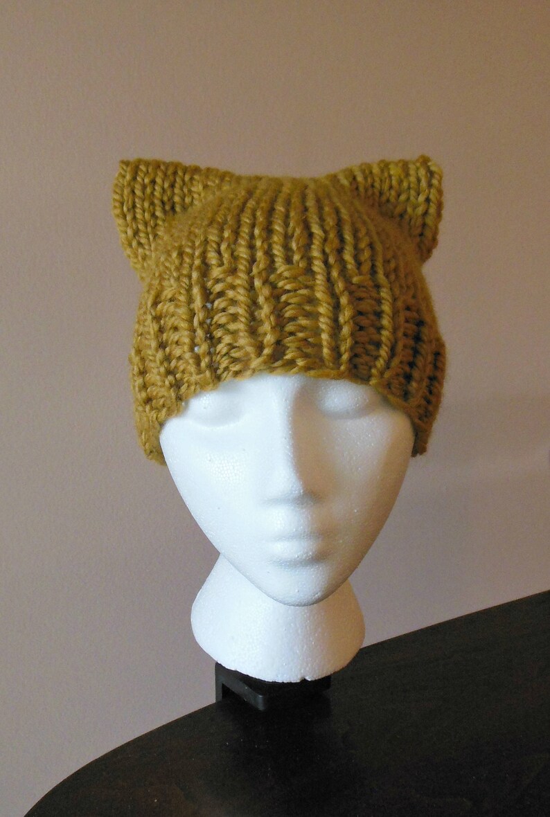Kitty Hat Mustard Gold Wool Blend Kitty Hat Pussy Hat Hand Knit Cat Hat image 6