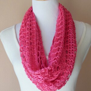 Hot Pink Bright Pink Infinity Scarf Lacy Open Weave Hand Knit Watermelon Pink Circle Loop Light Weight Fashion Scarf image 2