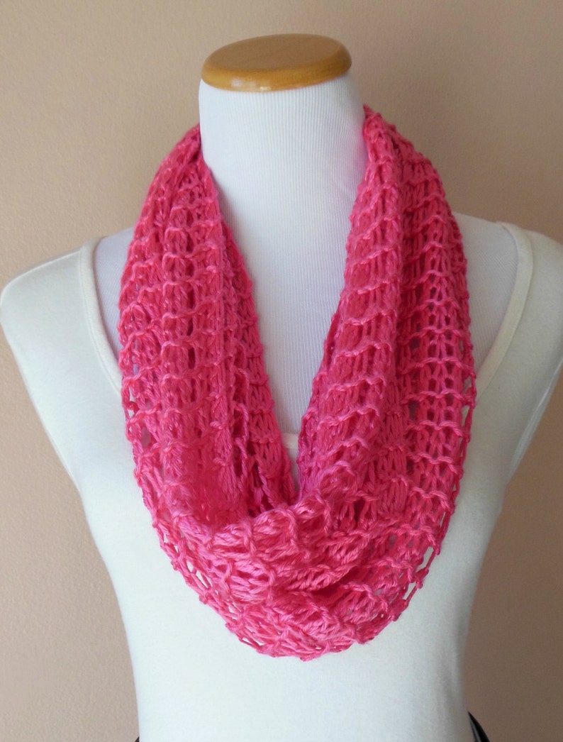 Hot Pink Bright Pink Infinity Scarf Lacy Open Weave Hand Knit Watermelon Pink Circle Loop Light Weight Fashion Scarf image 2