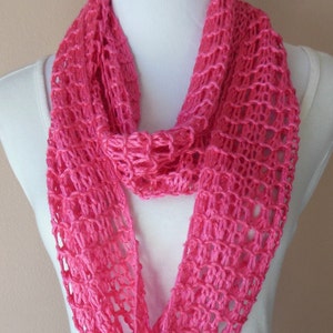 Hot Pink Bright Pink Infinity Scarf Lacy Open Weave Hand Knit Watermelon Pink Circle Loop Light Weight Fashion Scarf image 3