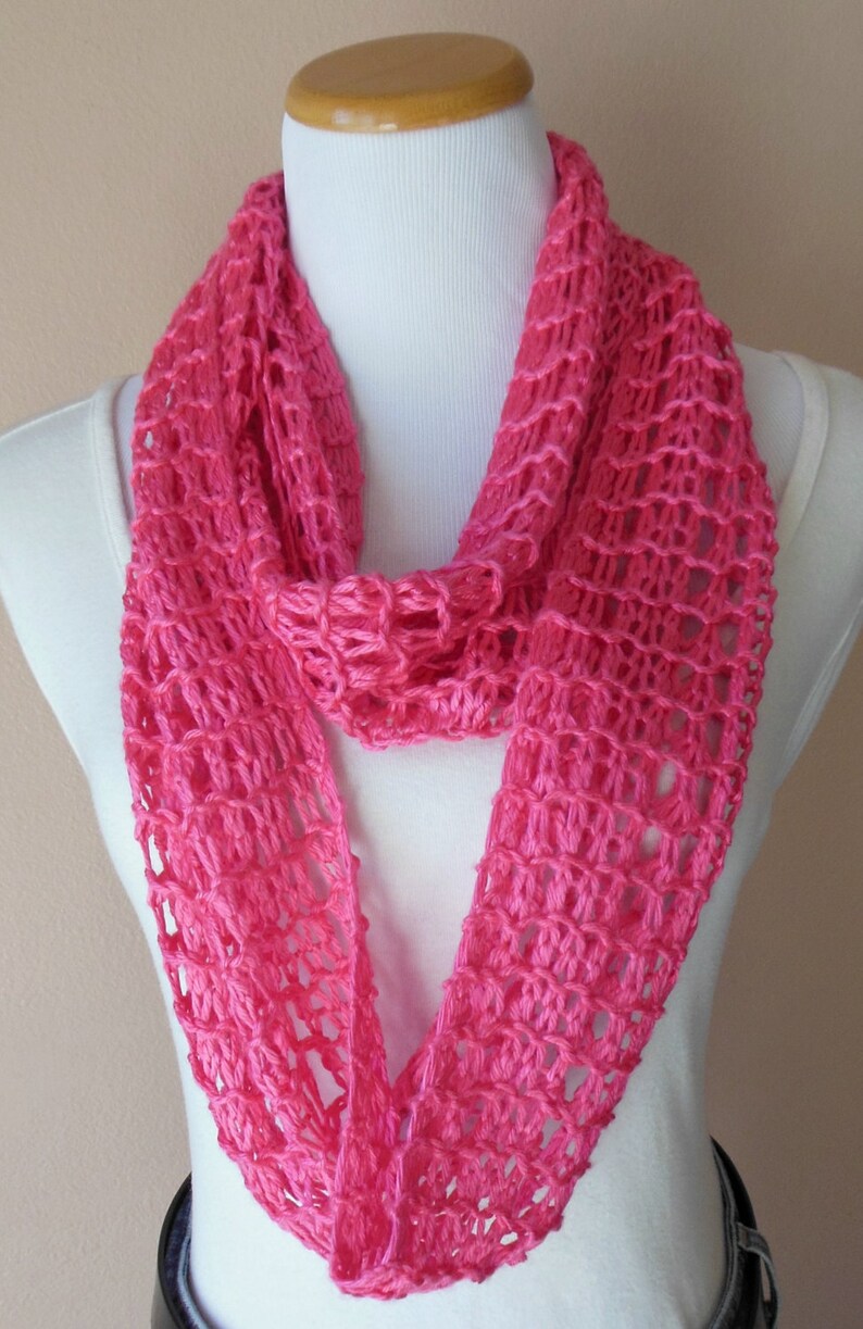 Hot Pink Bright Pink Infinity Scarf Lacy Open Weave Hand Knit Watermelon Pink Circle Loop Light Weight Fashion Scarf image 3