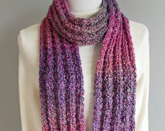 Ribbed Knit Multicolored Plum Purple Raspberry Gray Pink Long Scarf Hand Knit Warm Fashion Scarf