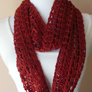 Deep Red Infinity Scarf Hand Knit Lacy Open Weave Light Weight Fashion Scarf image 3
