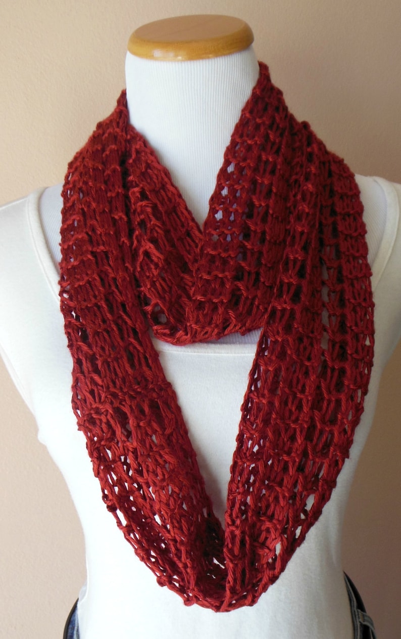 Deep Red Infinity Scarf Hand Knit Lacy Open Weave Light Weight Fashion Scarf image 3