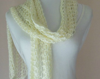Cream Scarf Hand Knit Light Weight Lacy Open Weave Fashion Scarf