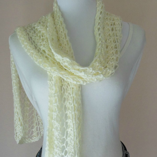 Cream Scarf Hand Knit Light Weight Lacy Open Weave Fashion Scarf