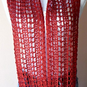 Deep Red Infinity Scarf Hand Knit Lacy Open Weave Light Weight Fashion Scarf image 5