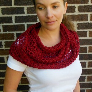 Deep Red Infinity Scarf Hand Knit Lacy Open Weave Light Weight Fashion Scarf image 1