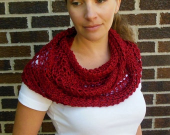 Deep Red Infinity Scarf Hand Knit Lacy Open Weave Light Weight Fashion Scarf