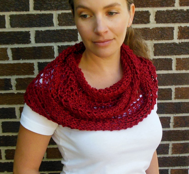 Deep Red Infinity Scarf Hand Knit Lacy Open Weave Light Weight Fashion Scarf image 1