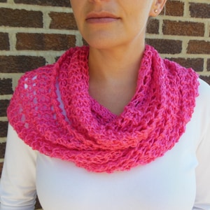 Hot Pink Bright Pink Infinity Scarf Lacy Open Weave Hand Knit Watermelon Pink Circle Loop Light Weight Fashion Scarf image 1