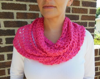 Hot Pink Bright Pink Infinity Scarf Lacy Open Weave Hand Knit Watermelon Pink Circle Loop Light Weight Fashion Scarf