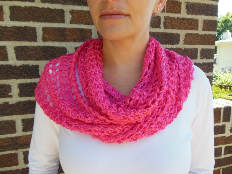 Hot Pink Bright Pink Infinity Scarf Lacy Open Weave Hand Knit Watermelon Pink Circle Loop Light Weight Fashion Scarf image 1